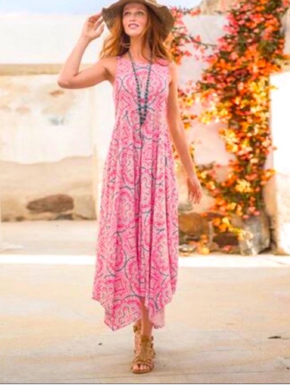 Sundance mandala print sleeveless Dress with handkerchief hem 100% rayon Size 14